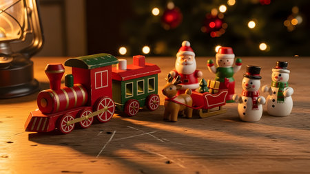 Wooden toy train with Santa Claus and snowman on the background of the Christmas treeの素材