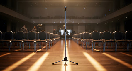 Conference hall with empty seats and spotlights. 3D renderingの素材