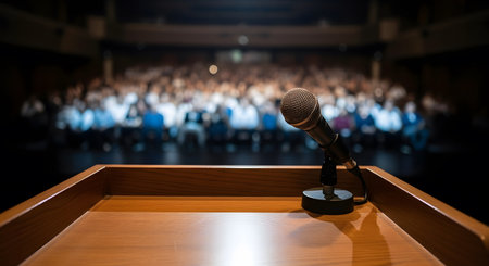 Microphone in conference hall or seminar room with attendee background.の素材