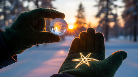Hands holding a crystal ball with a star on the background of the winter forest.の素材
