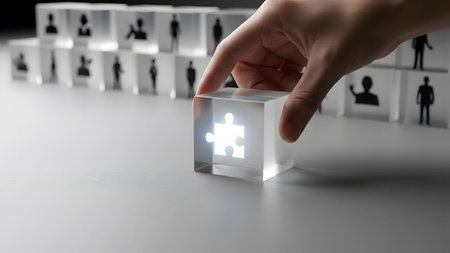 Hand of businesswoman putting jigsaw puzzle piece into a row of peopleの素材