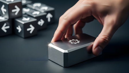 Close up of human hand turning gear mechanism on black table with black cubesの素材