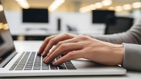 Close up of female hands typing on laptop keyboard. Businesswoman working on computer in office.の素材