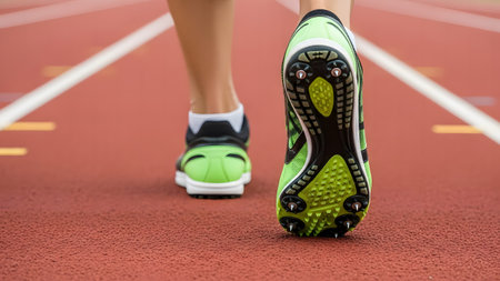 Runner feet running on racetrack, closeup of shoe and legsの素材