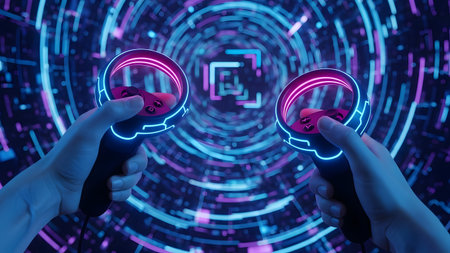 Close up of hand holding gamepad over blue neon background with circlesの素材