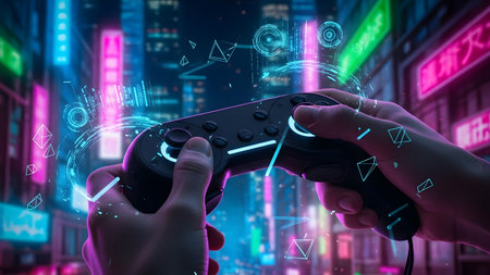 Close up of two hands holding gamepad against night cityscape with neon lightsの素材