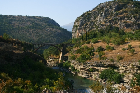 beautiful view of canyon with bridge in Montenegroの写真素材
