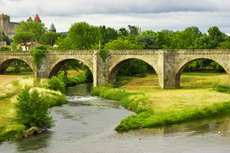 beautiful view of old bridge in Carcassonne, France の写真素材