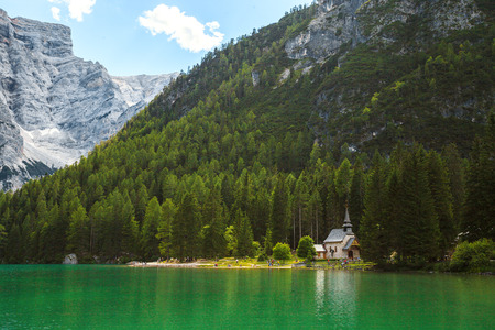 Amazing view of Braies Lake (Lago Di Braies, Pragser Wildsee) in Northern Italy.の写真素材