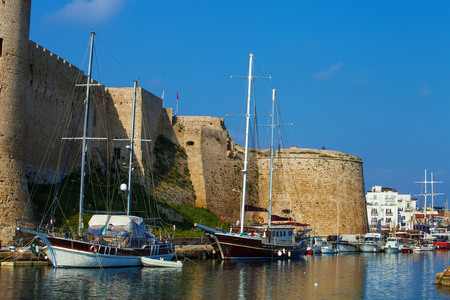 Beautiful view of old harbour in Kyrenia town, North Cyprusの写真素材