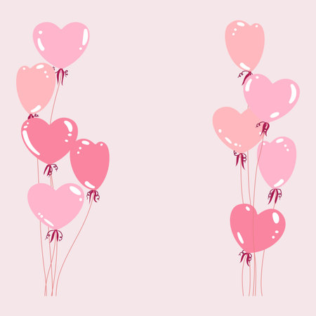 hearts of balloons in flat style.Bunch of balloons for love, birthday and party. flying ballon with ropeのイラスト素材