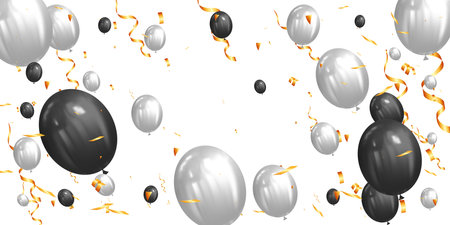 birthday celebration party, realistic white and black festive balloons and golden confetti posterのイラスト素材