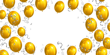 Gold balloons and confetti on a white background. Vector illustration.のイラスト素材