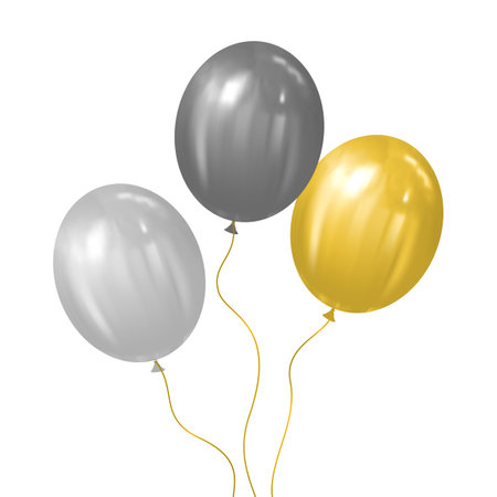 Illustration of a set of golden and silver balloons on a white backgroundのイラスト素材