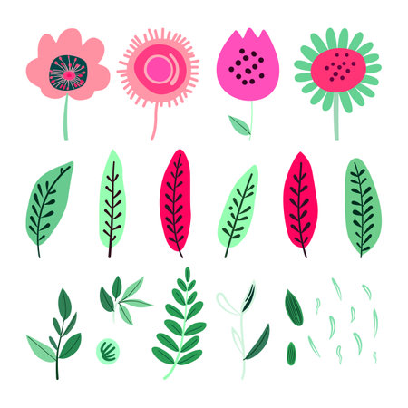 Set of cute hand drawn floral elements. Vector illustration in doodle style.のイラスト素材