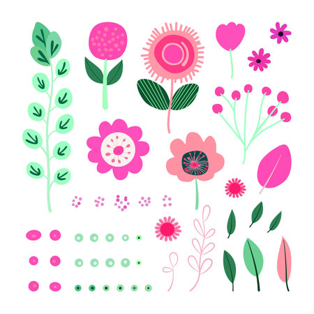 Flower vector set. Floral elements, flowers and leaves. Hand drawn vector illustration.のイラスト素材