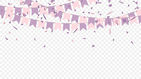 purple pink party flags with confetti falling on transparent background. celebration and birthday. vector illustration. october summerのイラスト素材