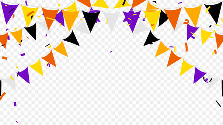 halloween flags garlands with orange, yellow, purple, gray and black isolated on transparent background. vector illustration octoberのイラスト素材