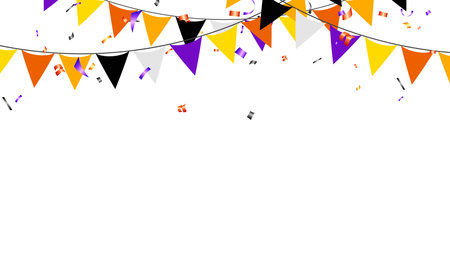 Halloween party flags and confetti banner vector illustration on white background. decor border bunting colorfulのイラスト素材