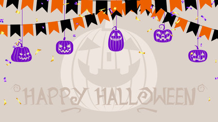 Happy Halloween background with buntings. Festive flags, pendants in the form of a pumpkin. cartoonのイラスト素材
