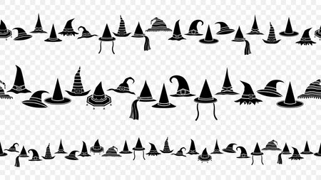 Halloween witch hats fancy silhouette seamless border vector pattern. holiday symbol set isolated element design, flat bannerのイラスト素材