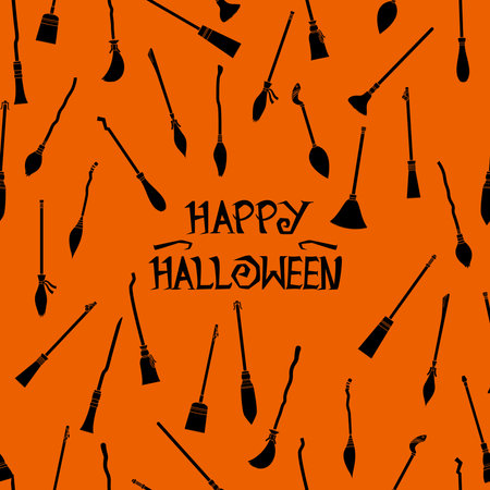 Halloween pattern seamless with witch brooms silhouette on orange background abstractのイラスト素材