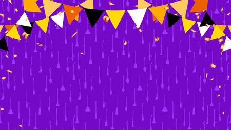 Halloween festival background with garlands and winding flags. Party invitation concept with place for your text. purple broomのイラスト素材