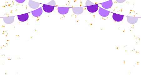 Frame purple bunting garland flag and confetti greeting birthday decoration elementsのイラスト素材