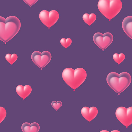Seamless pattern realistic heart balloons on purple background for Valentine Day, birthday, wedding, holiday, romanticのイラスト素材