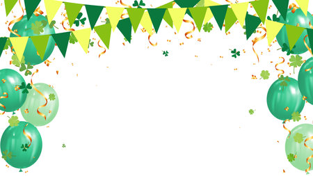 triangle pennants chain, confetti, green balloon and clover leaves for saint Patrick day, holiday partyのイラスト素材