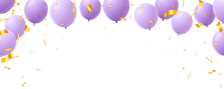 rubber helium balloon purple and confetti banner frame for holiday, birthday party, anniversary, surprise greeting eventのイラスト素材