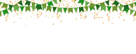 green bunting garland flags and gold confetti banner frame for party festival, anniversary and congratulationのイラスト素材