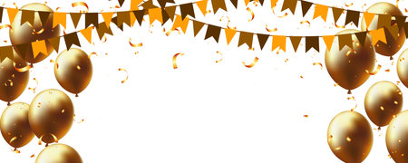 Party festive luxury background with golden balloon, garland flag and confetti. black fridayのイラスト素材