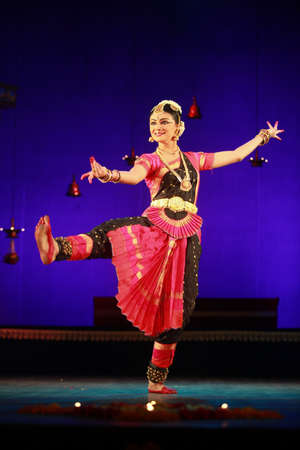 A talented dancer emotes at bharatnatyam recital event held on December 26,2016 at Sevasadan hall in Bengaluru.のeditorial素材