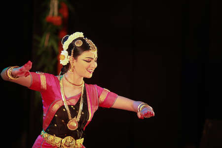 A talented dancer emotes at bharatnatyam recital event held on December 26,2016 at Sevasadan hall in Bengaluru.のeditorial素材