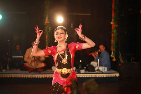A talented dancer emotes at bharatnatyam recital event held on December 26,2016 at Sevasadan hall in Bengaluruのeditorial素材
