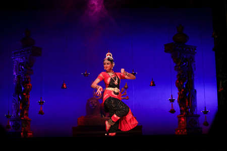 A talented dancer emotes at bharatnatyam recital event held on December 26,2016 at Sevasadan hall in Bengaluruのeditorial素材