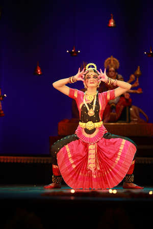 A talented dancer emotes at bharatnatyam recital event held on December 26,2016 at Sevasadan hall in Bengaluruのeditorial素材
