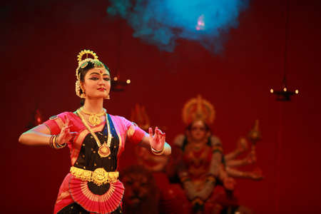 A talented dancer emotes at bharatnatyam recital event held on December 26,2016 at Sevasadan hall in Bengaluruのeditorial素材