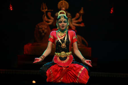 A talented dancer emotes at bharatnatyam recital event held on December 26,2016 at Sevasadan hall in Bengaluruのeditorial素材
