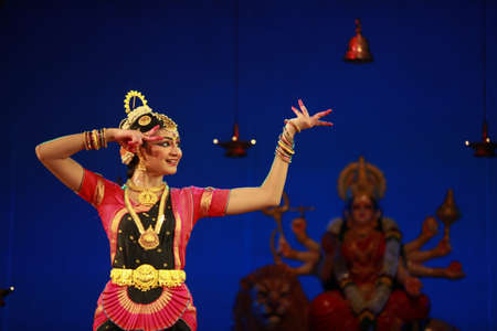 A talented dancer emotes at bharatnatyam recital event held on December 26,2016 at Sevasadan hall in Bengaluruのeditorial素材