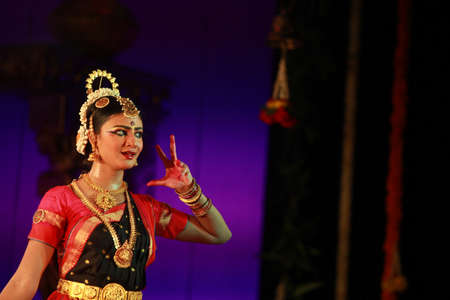 A talented dancer emotes at bharatnatyam recital event held on December 26,2016 at Sevasadan hall in Bengaluruのeditorial素材