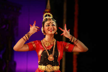 A talented dancer emotes at bharatnatyam recital event held on December 26,2016 at Sevasadan hall in Bengaluruのeditorial素材