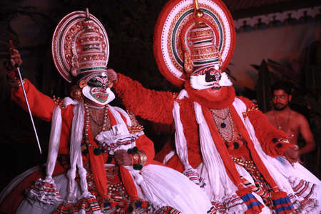 Performance of kathakali dancers on July 17,2017 in sevasadan hall in Bengaluru,Indiakeup room of kathakali dancers on July 17,2017 in Bengaluru,Indiaのeditorial素材