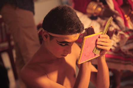 Makeup room of kathakali dancers on July 17,2017 in sevasadan hall in Bengaluru,Indiaのeditorial素材