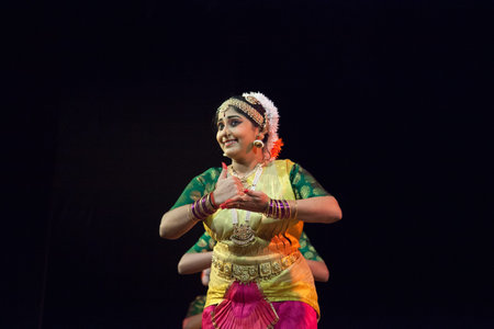 Classical Indian dancers dane on stage on July 10,2019 in Bengaluru,India