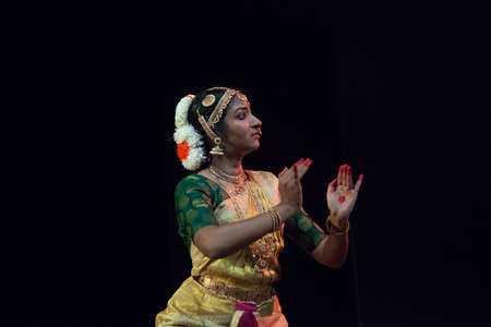 Classical Indian dancers dane on stage on July 10,2019 in Bengaluru,Indiaのeditorial素材