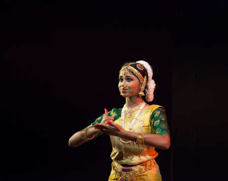 Classical Indian dancers dane on stage on July 10,2019 in Bengaluru,Indiaのeditorial素材