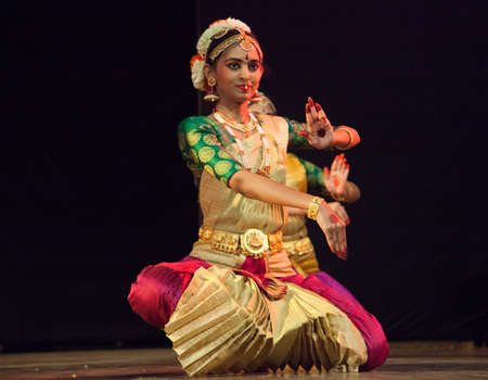 Classical Indian dancers dane on stage on July 10,2019 in Bengaluru,Indiaのeditorial素材