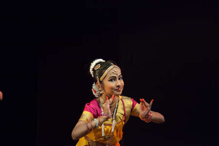 Classical Indian dancers dane on stage on July 10,2019 in Bengaluru,Indiaのeditorial素材